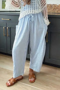 Women Drawstring Vertical Stripe Casual Linen Pants