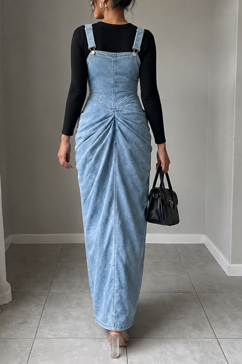 Women's Chic Adjustable Strap Ruched Front Light Blue Denim Maxi Overall Dress