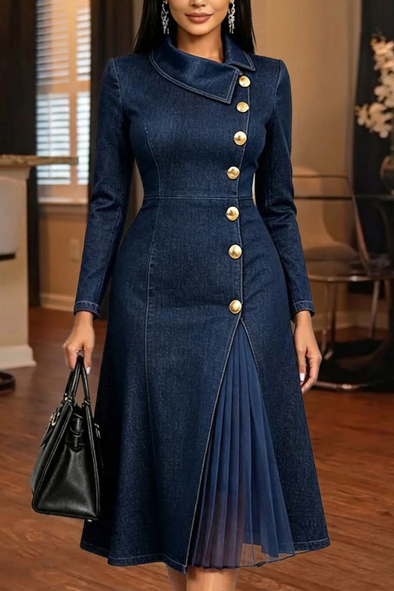 Women's Elegant Pleated Mesh Patchwork Hem Button Denim Dress