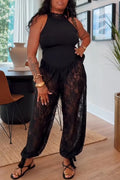 Women's Round Neck Sleeveless Patchwork Lace Pattern Sexy Casual Jumpsuit