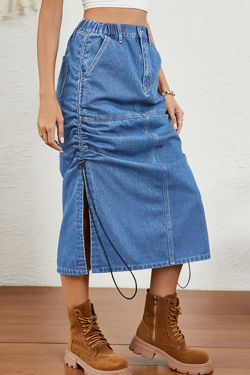 Casual Side Drawstring Elastic Waist Washed Denim Skirt