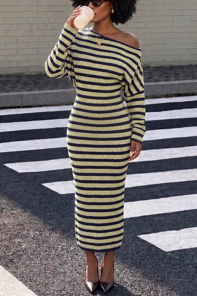 Women's Striped Boat Neck Drop Shoulder Bodycon Maxi Dress Long Sleeve Slim Fit Column Dress