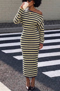Women's Striped Boat Neck Drop Shoulder Bodycon Maxi Dress Long Sleeve Slim Fit Column Dress