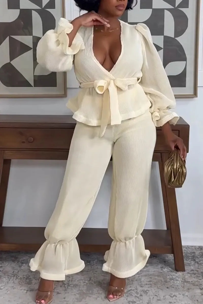 Women's Deep V-neck Tied Top and Pants Elegant Casual Suit