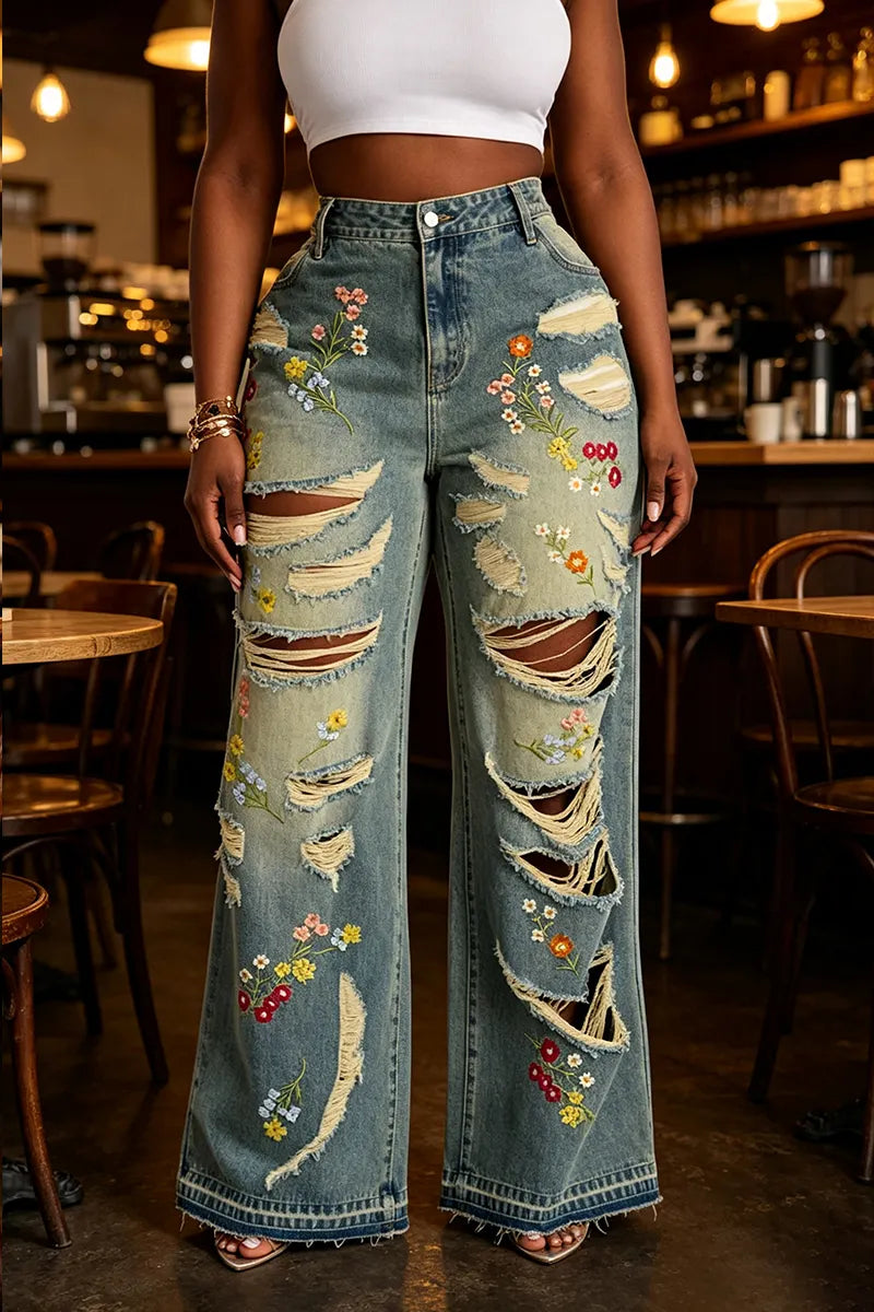 Women's Collar Washed and Embroidered Denim Jacket or Ripped Washed Jeans