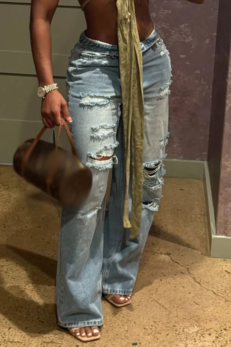 Women Washed Ripped Casual Wide Leg Jeans
