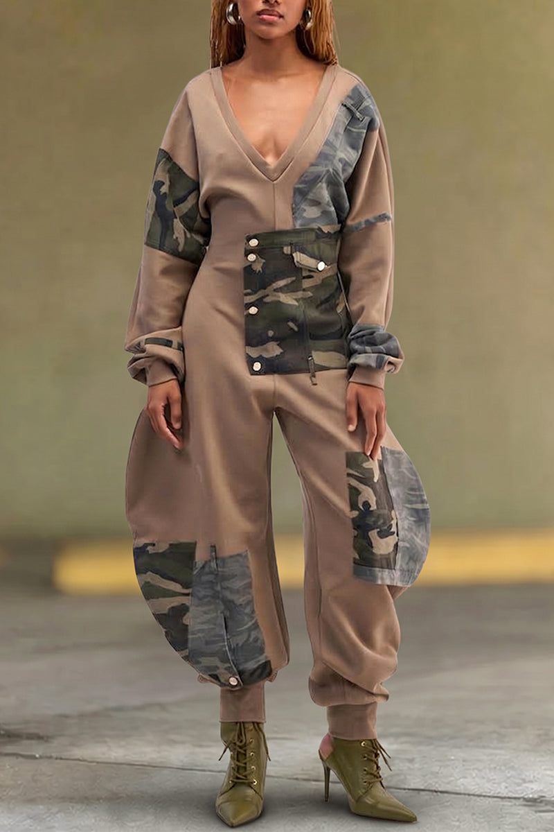 Women's Fashion V-Neck Curved Hem Camo Patchwork Jumpsuit