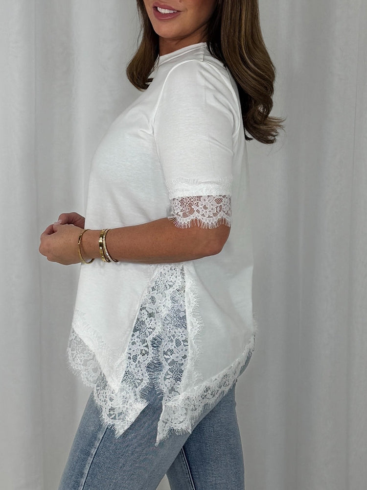 Women Round Neck Patchwork Lace Irregular Casual Top