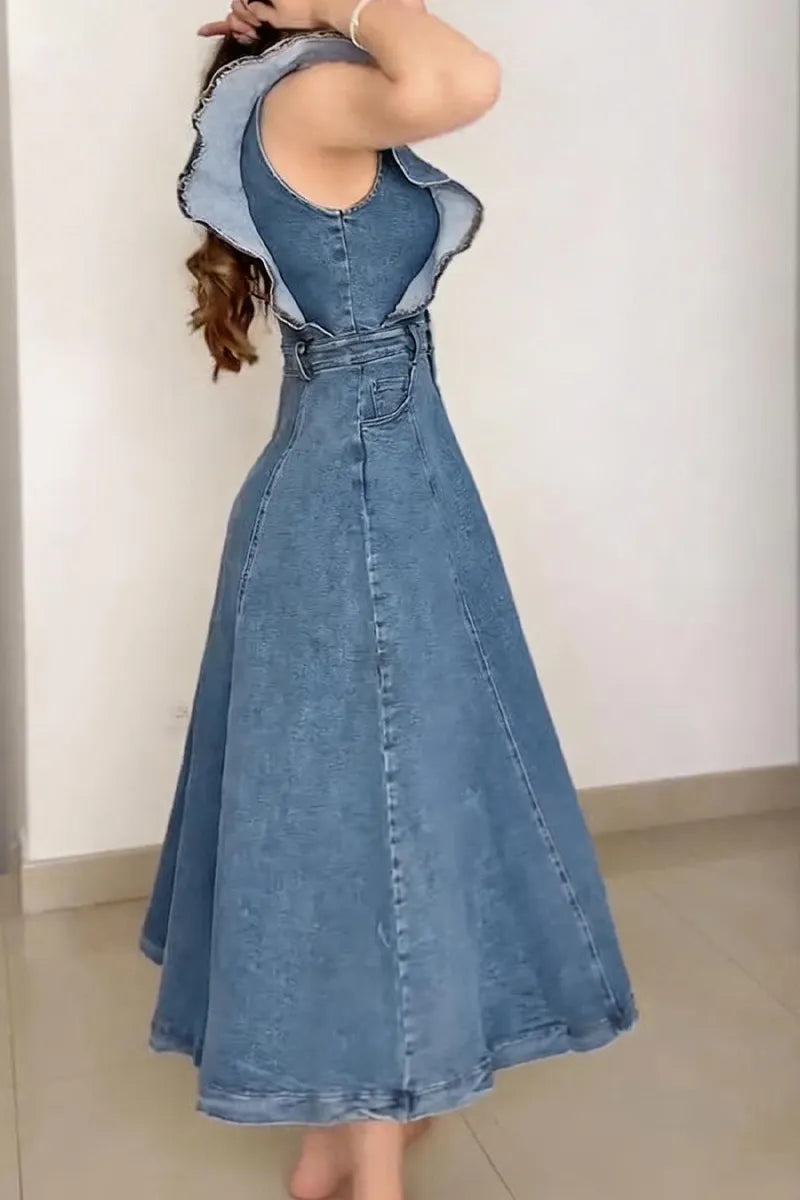 Women's Elegant Flounce Sleeve Waist Defined Denim Dress
