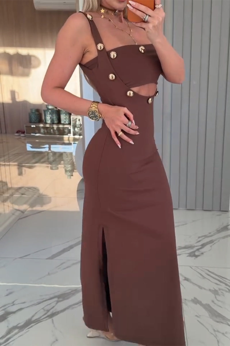 Women's Metal Button Decoration Strapless Top+ Slit Dress Sexy Temperament Two-piece Set