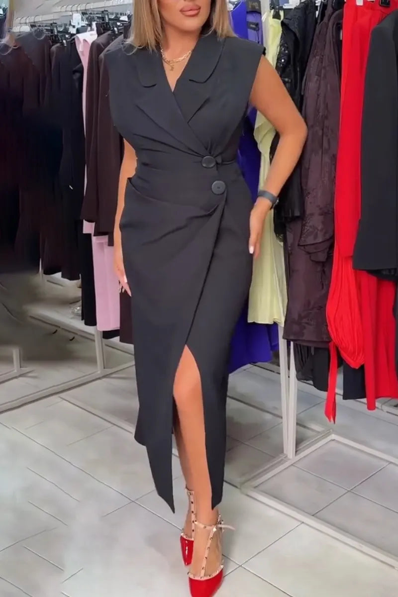Women's Collar Waist and Slit Temperament Commuting Dress
