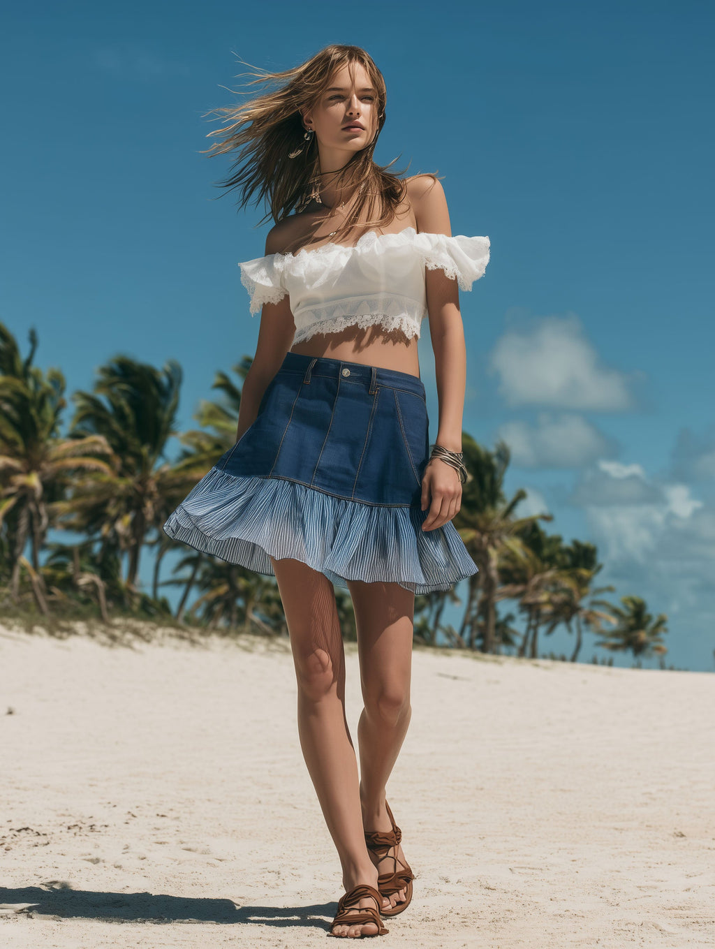 Resort-Style Gradient Chiffon Hem Dark Blue Denim Mini Skirt