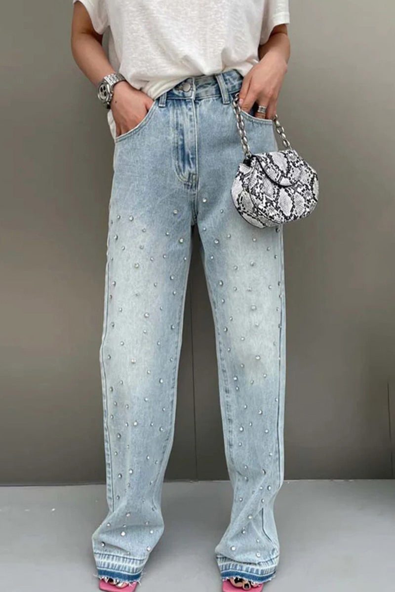 Women Heavy Duty Rhinestone Embellished Straight Leg Jeans