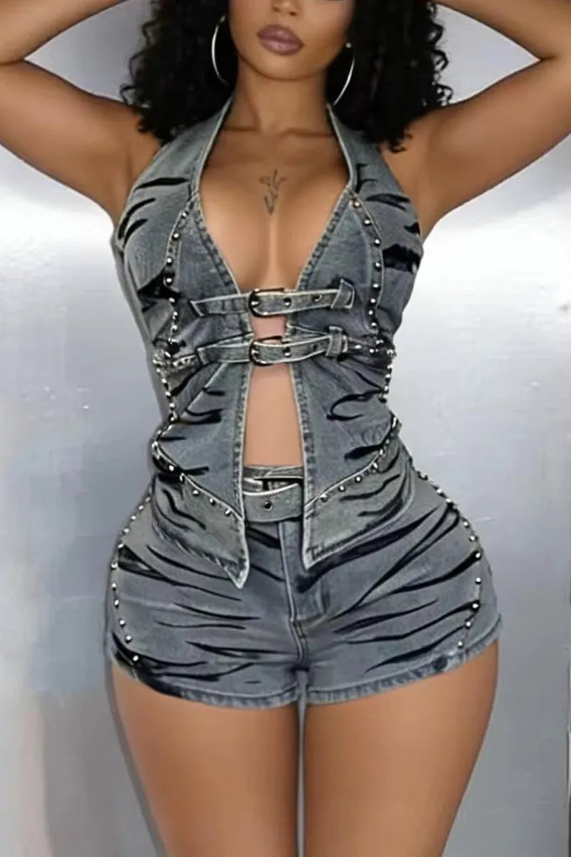 Women's Zebra Print Rhinestone Stud Halter Deep V Cutout Denim Top Or Zebra Print Rhinestone Trim High Waist Bodycon Mini Denim Shorts