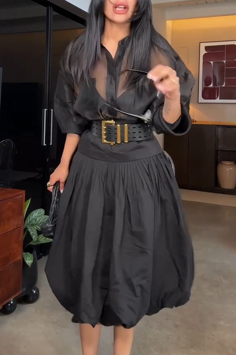 Women's Collar See Through Shirt+ Half Skirt Elegant Temperament Set