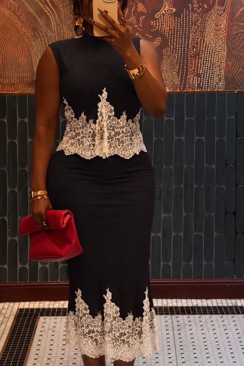Women's Elegant Lace Patchwork Hem Skirt Two-Piece Set