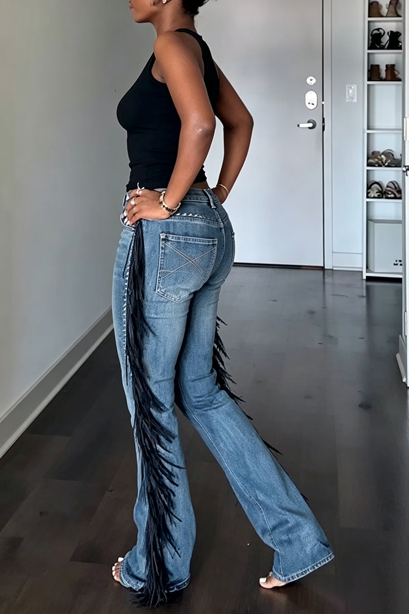 Women's Casual Side Fringe Decoration Jeans