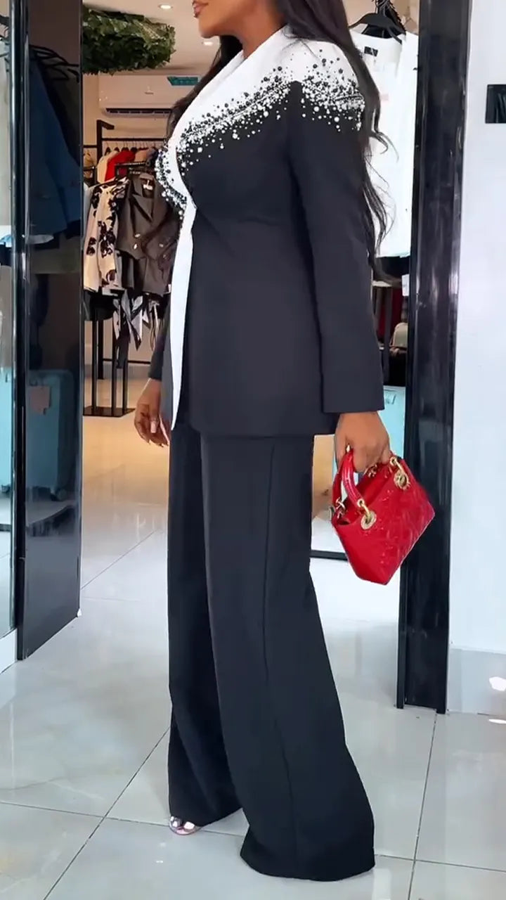 Women V-neck Sticker Diamond Contrasting Color Blazer + Pants Temperament Commuting Suit