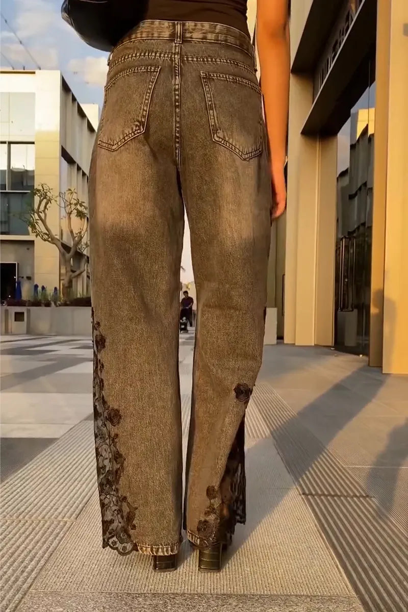 Women Patchwork Lace Printed Casual Denim Wide Leg Pants