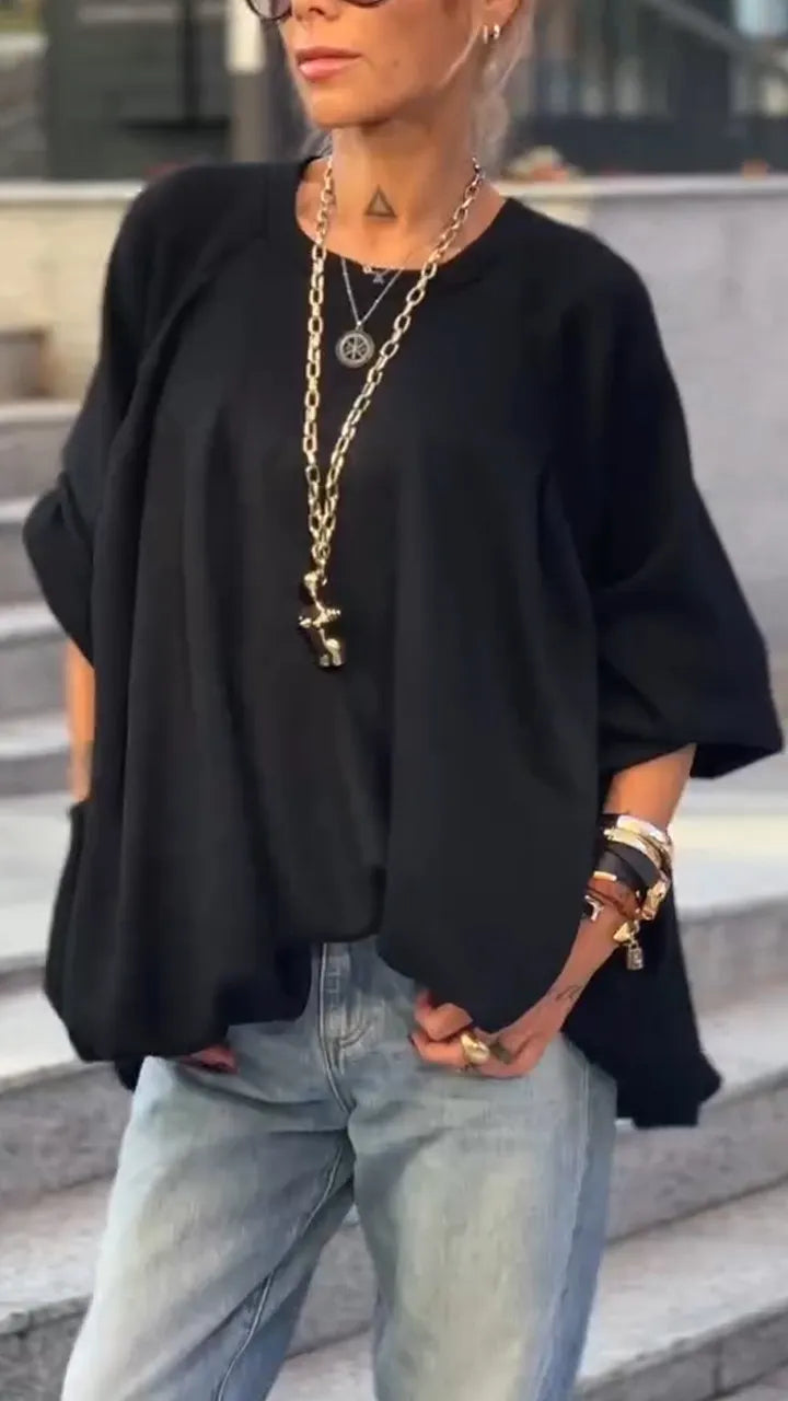Women Round Neck Solid Color Casual Tops
