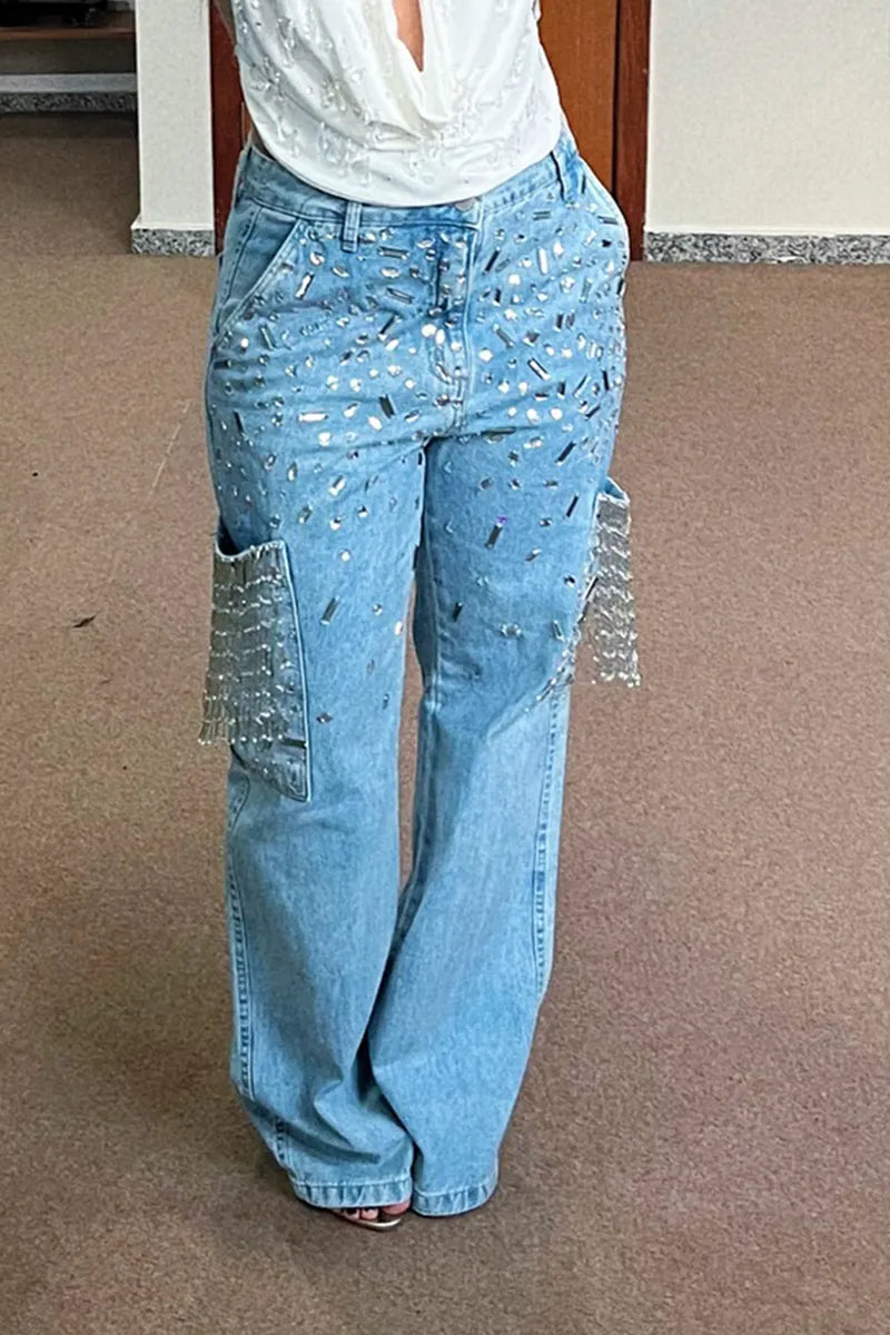 Women's Fashion Open-Back Stretch Rhinestone Top or Fringe Jeans