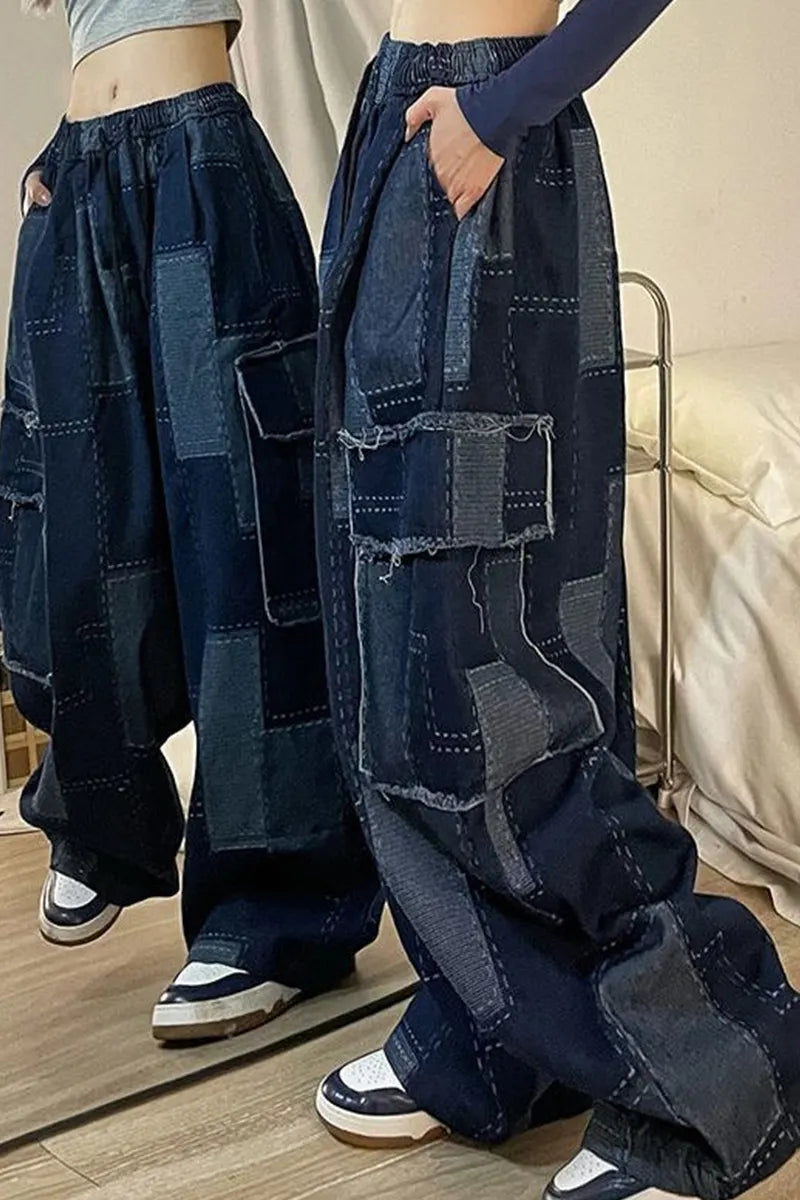 Women's Patchwork Wide Leg Jeans With Large Pockets