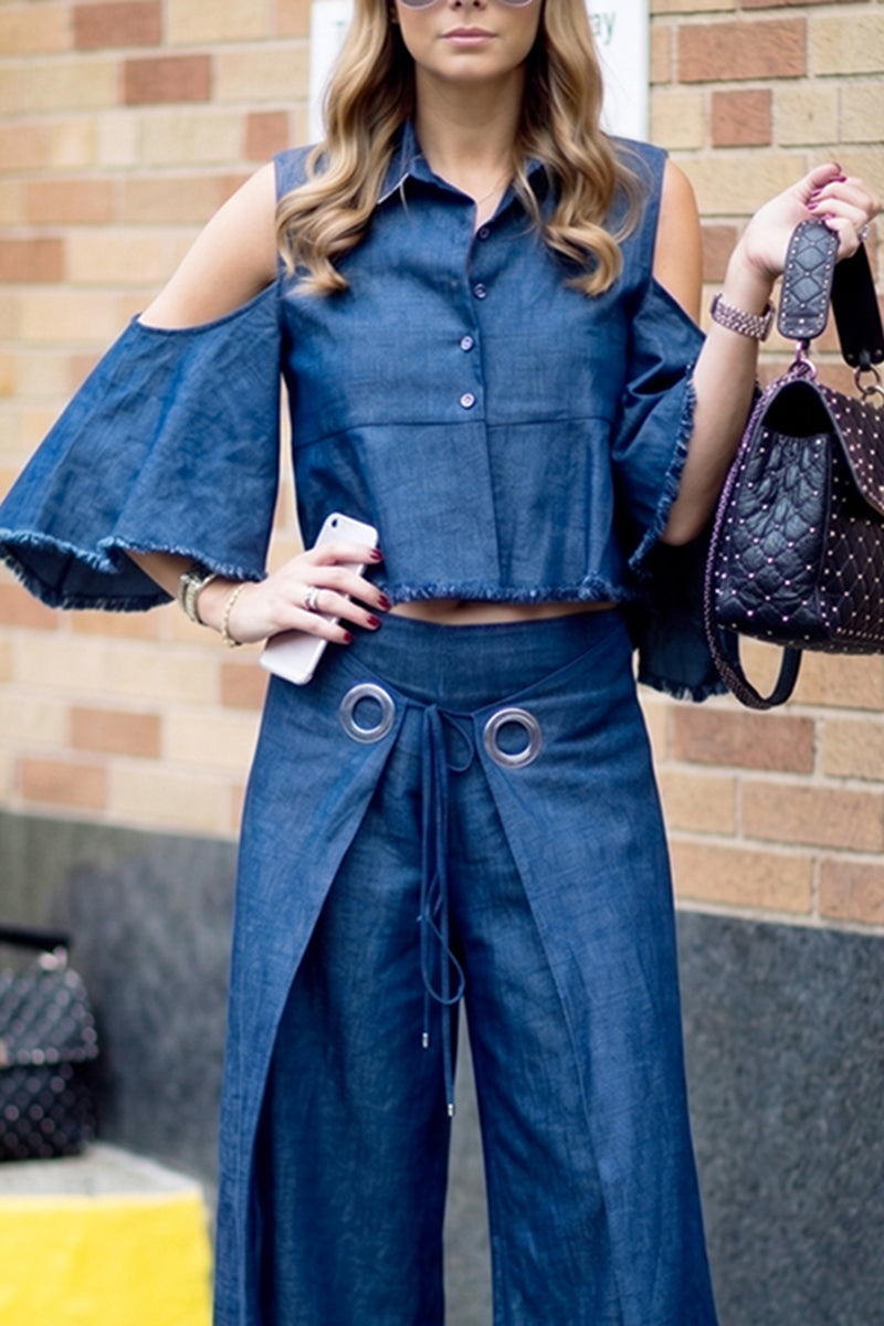 Women's Casual Shoulder Cutout Frayed Hem Denim Top or Layered Jeans