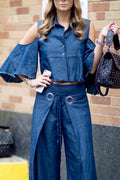Women's Casual Shoulder Cutout Frayed Hem Denim Top or Layered Jeans