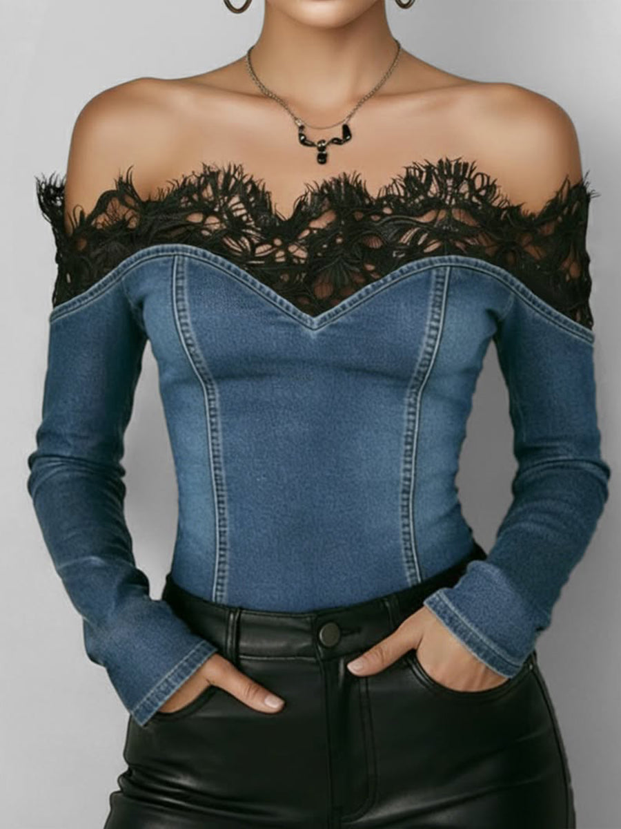 Fashionable Patchwork Lace Denim Top