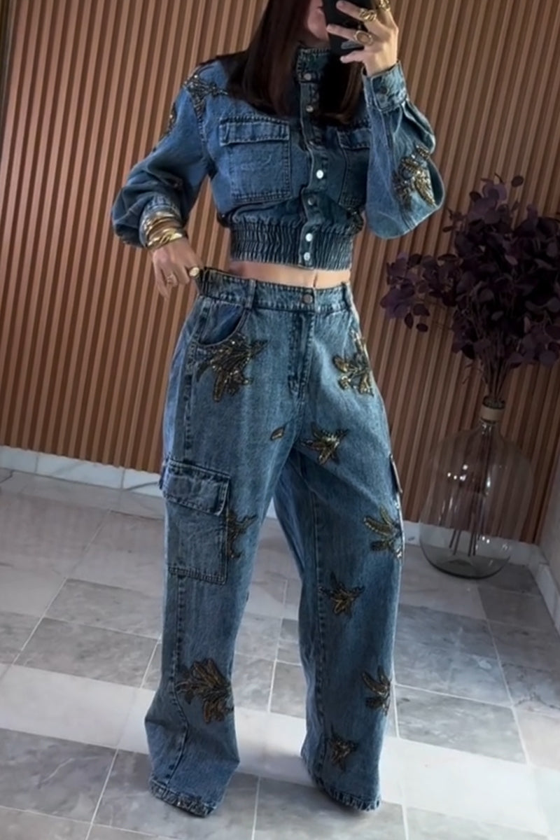 Women's Standing Collar Buckle Patchwork Pattern Denim Jacket or Jeans