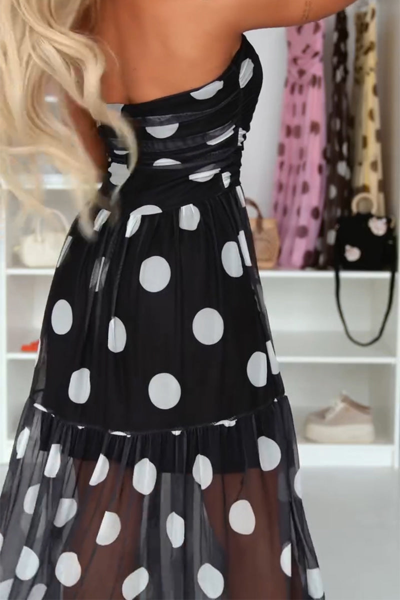 Women's Casual Polka Dot Mesh Strapless Dress