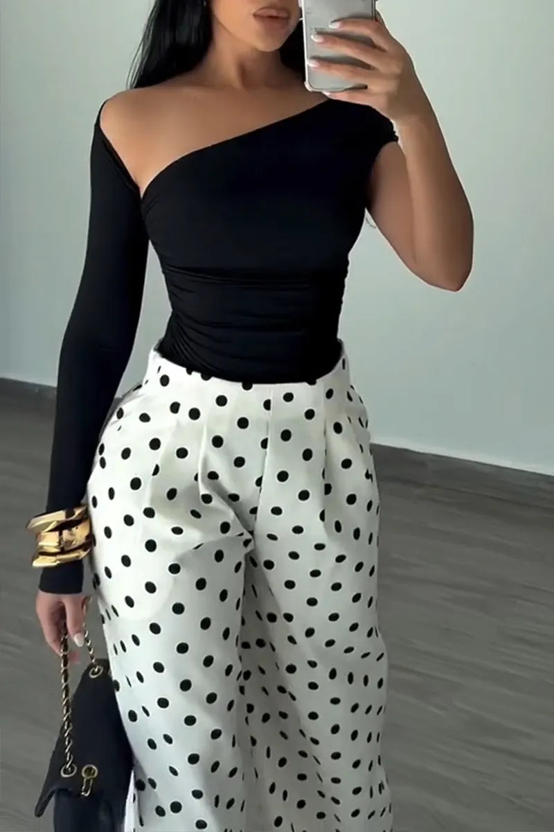 Women's Casual Asymmetric One-Sleeve Top or Polka Dot Wide Leg Pants