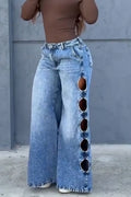 Women's Washed Side Hollowed Out Casual Wide Leg Jeans