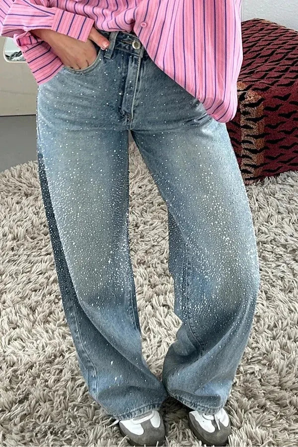 Women's Casual Rhinestone Embellished Wide Leg Jeans