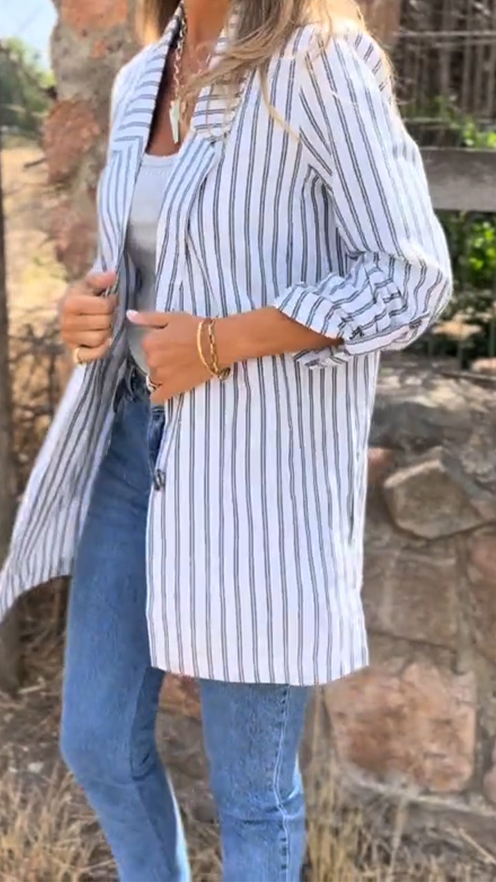Women Lapel Vertical Pattern Casual Shirt