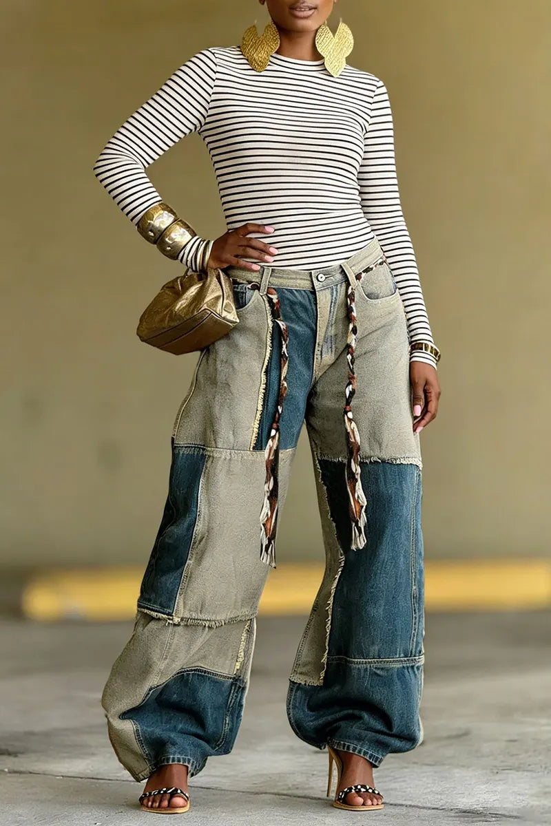 Women's Two-Tone Color Block Hem Raw Jeans