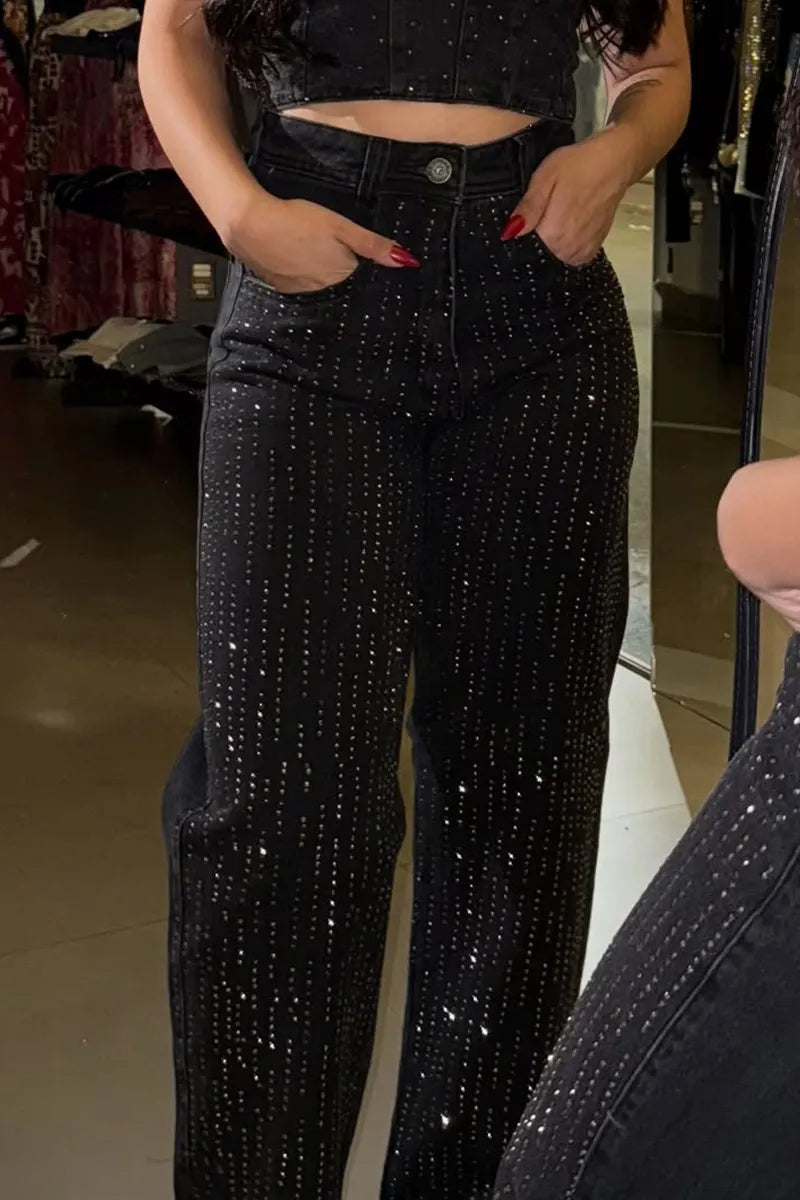 Women's Fashion Stripe Rhinestone Jeans