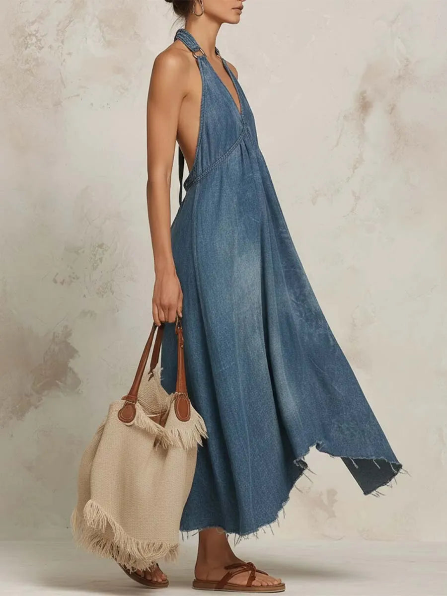 Women's Retro Art Stylish Casual No Sleeve Denim Dress