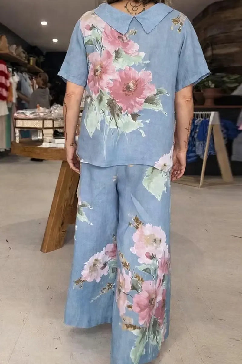 Women's Casual Printed T Shirt Top Or Wide Leg Pants