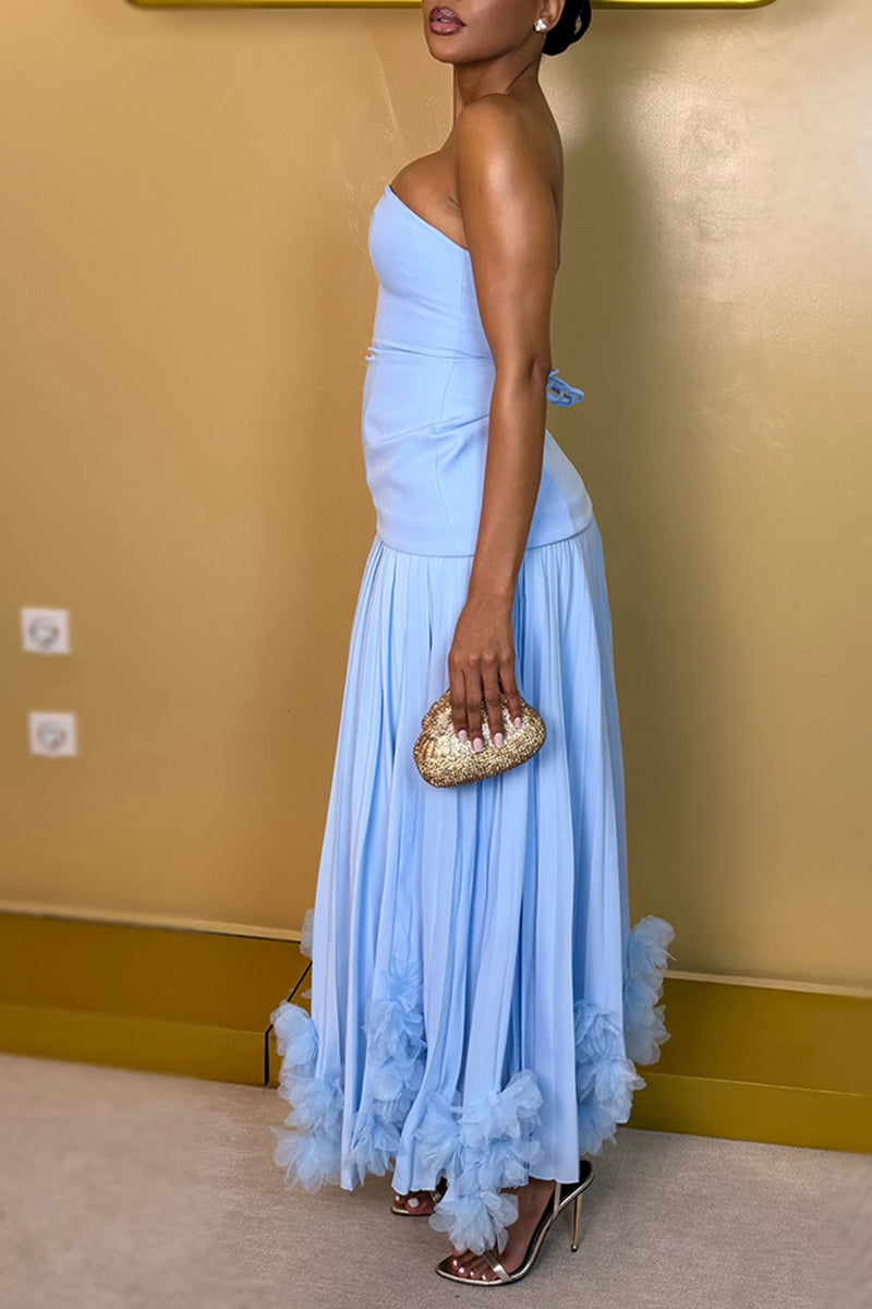 Women's Elegant Strapless Floral Mesh Hem Maxi Dress