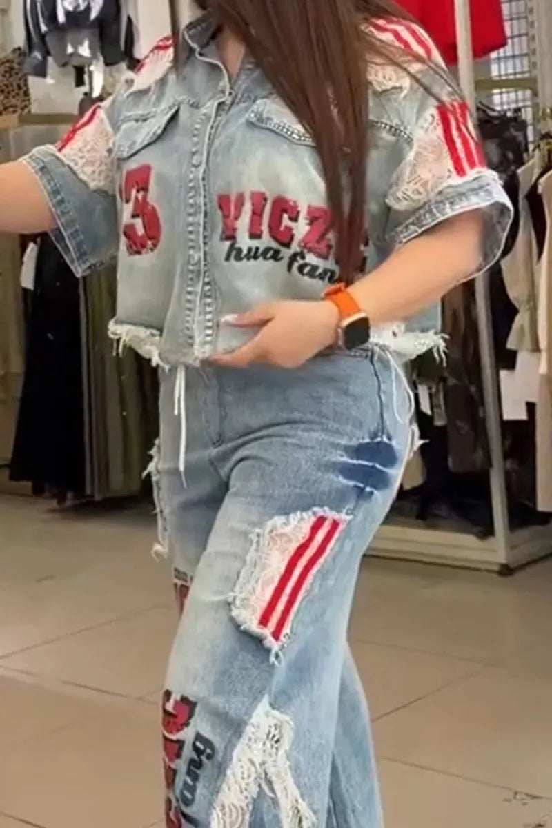 Women's Casual Letter Print Lace Panel Denim Jacket or Jeans