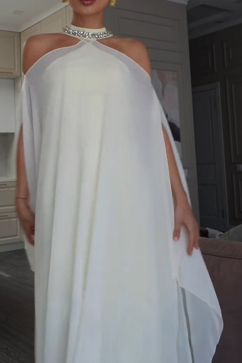 Women's Elegant Vest Dress Rhinestone Neckline Mesh Cape Two-Piece Set
