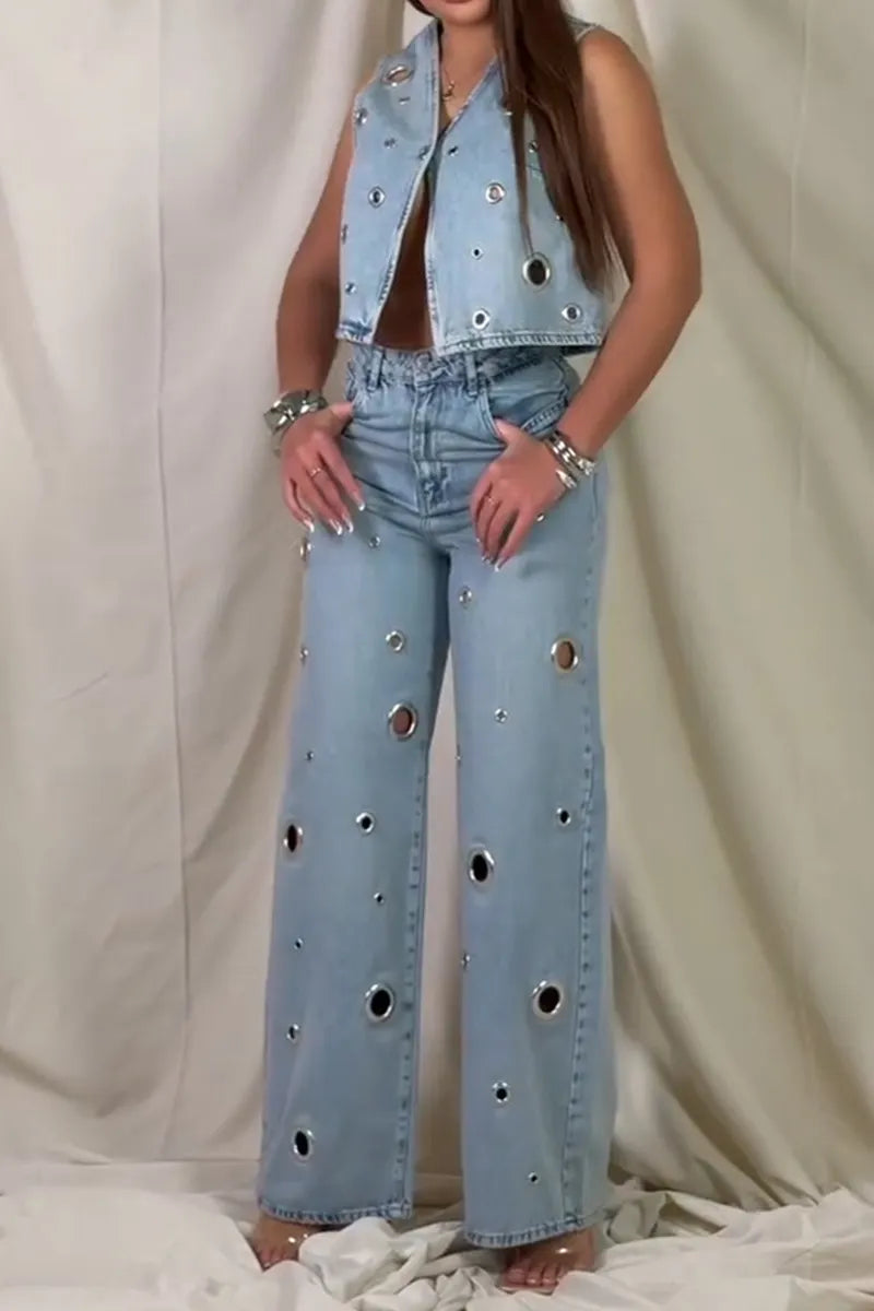 Women's Fashion Cutout Design Denim Vest & Wide Leg Jeans