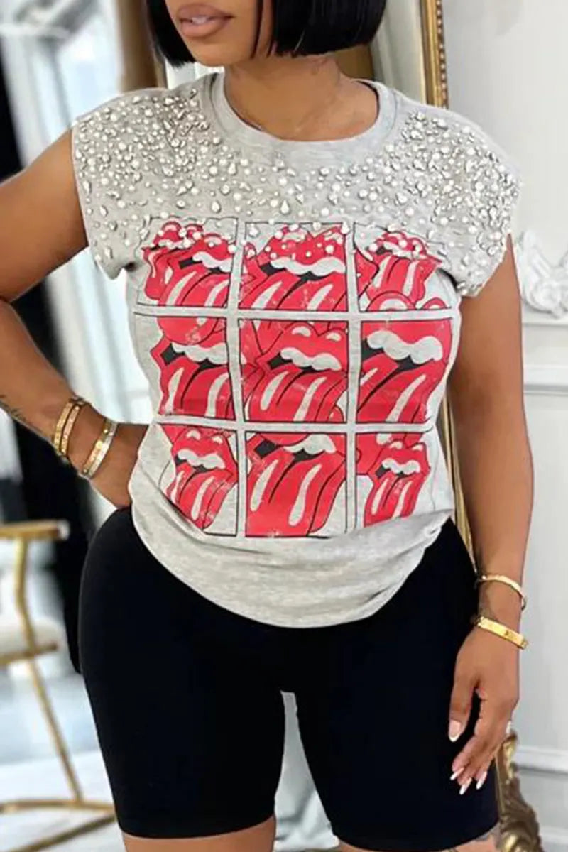 Women Round Neck with Diamond Print Casual Top