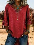 Cozy Ruffled V-neck Denim Cotton Top