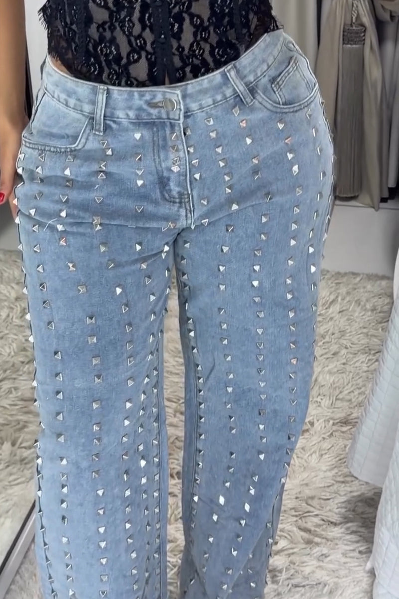 Women's Fashion Rivet Decoration Wide Leg Jeans