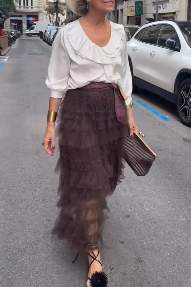 Women's Elegant and Casual Round Neck Spliced Top or Spliced Multi-layer Skirt