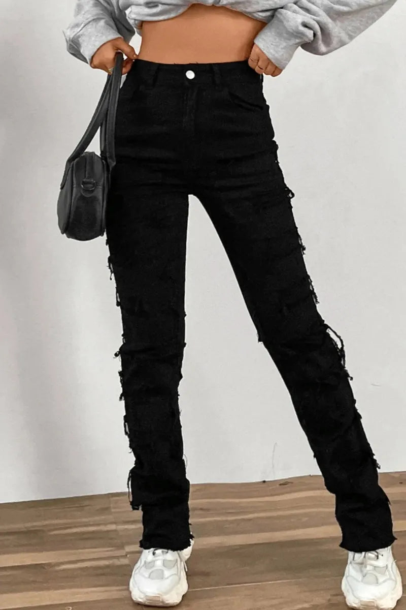 Women's Street Style Distressed Raw Hem Layered Patchwork Jeans