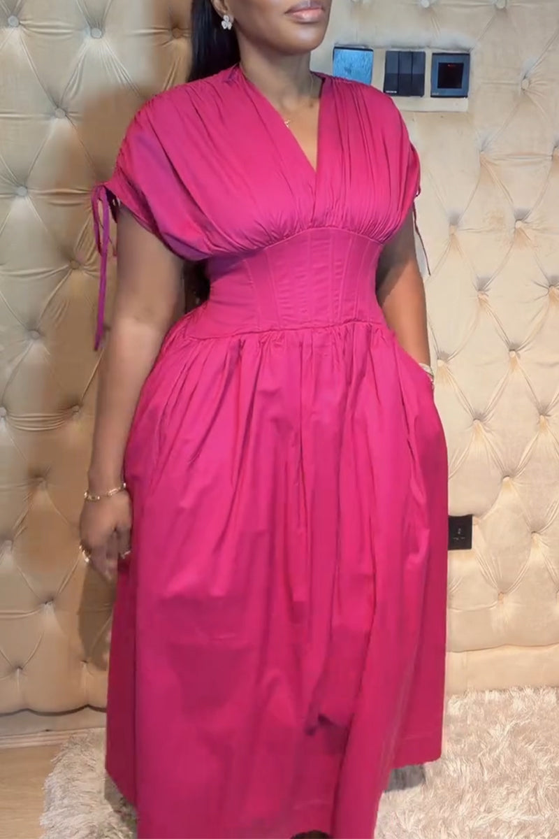 Women's V-neck Waist Cinched Solid Color Elegant Casual Dress
