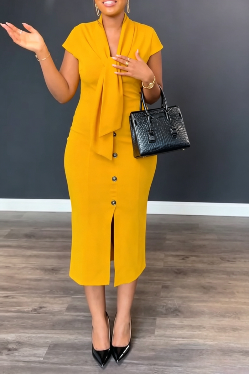 Women's V-neck Buckle Slit Elegant Temperament Dress